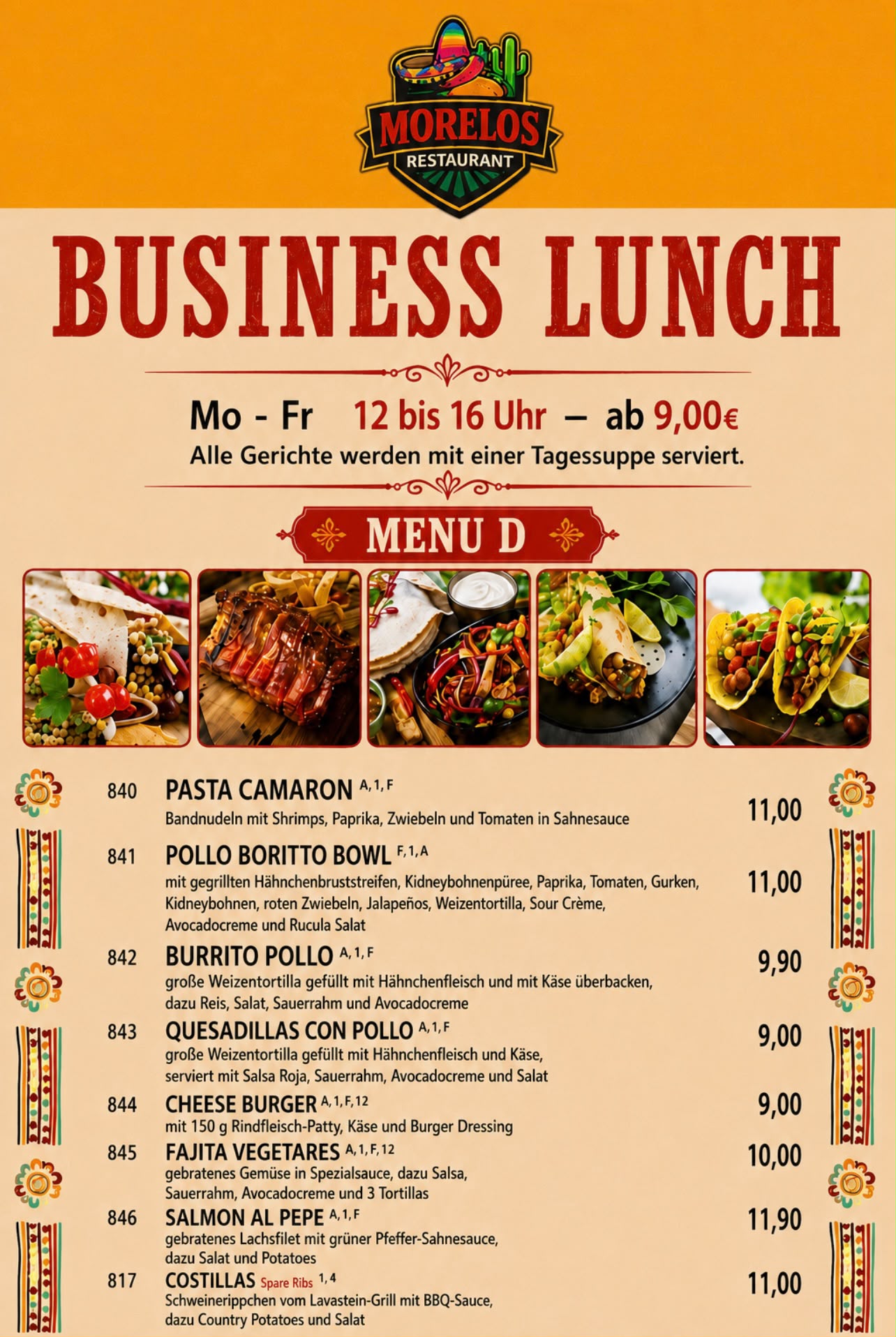Authentische mexikanische Mittagskarte und Business Lunch Spezialitäten im Morelos Restaurant Berlin Pankow