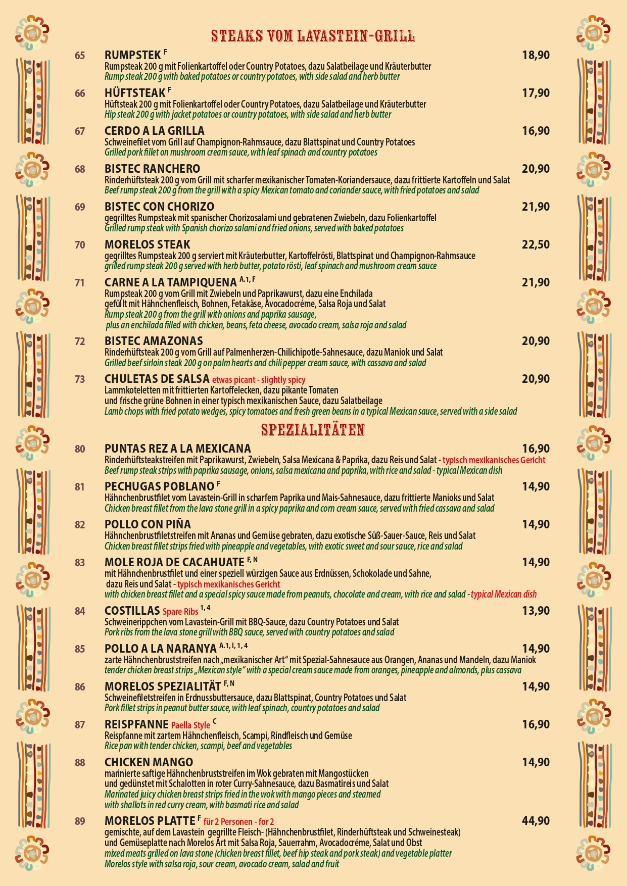 Die offizielle Speisekarte des Morelos Restaurant Berlin mit authentischen mexikanischen Gerichten