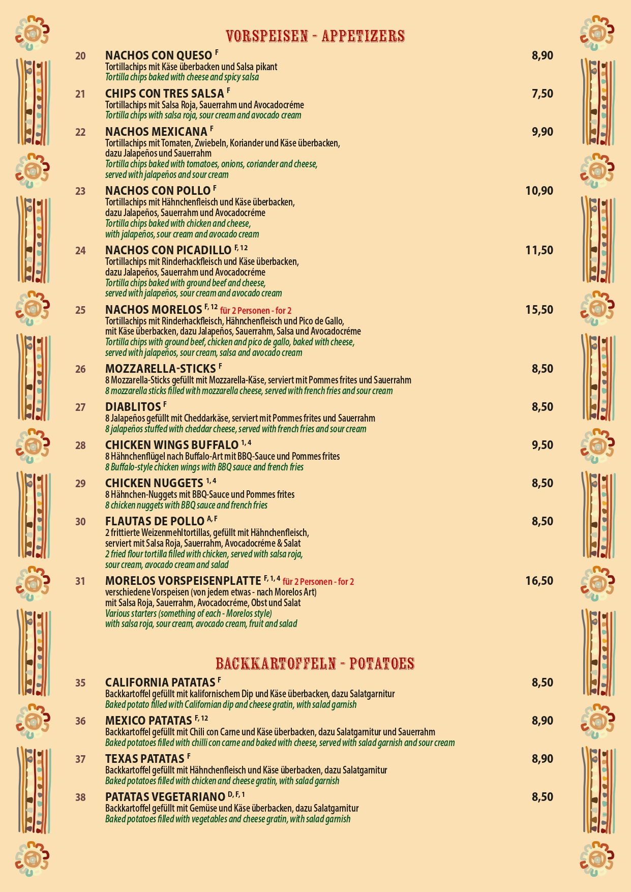 Die offizielle Speisekarte des Morelos Restaurant Berlin mit authentischen mexikanischen Gerichten
